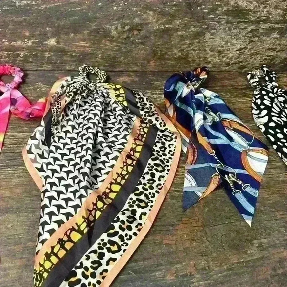 Lot of 5 Stylish Women's Patterned Scarves Hair Ties Set - Picture 3 of 5